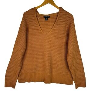 Rachel Zoe Mustard Hooded Waffle‎ Knit Sweater V Neck Textured Thermal Boho